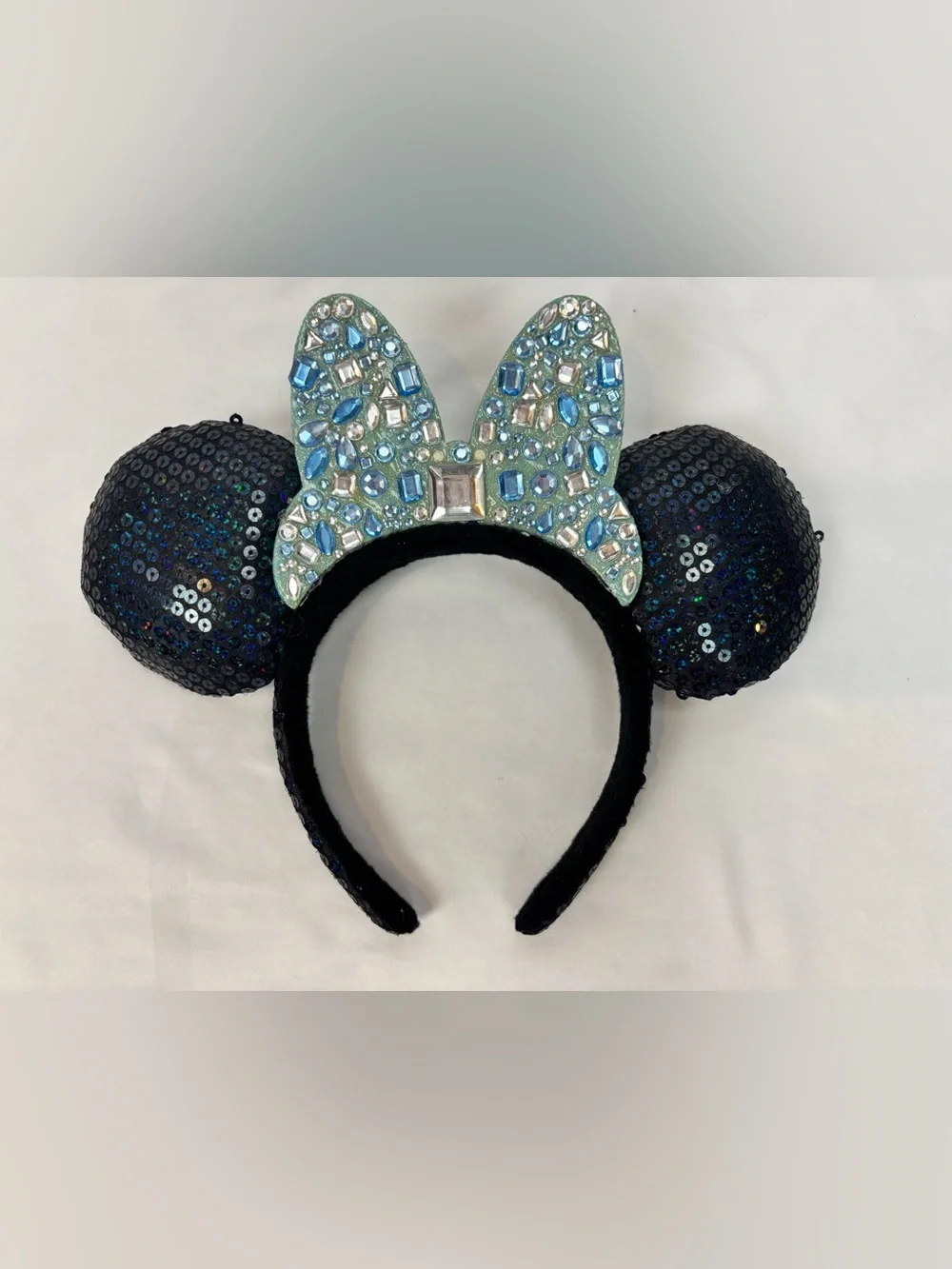 Disney Parks Disneyland Sequin Blue Silver Gems Minnie Mouse Ears FLAW As-Is
